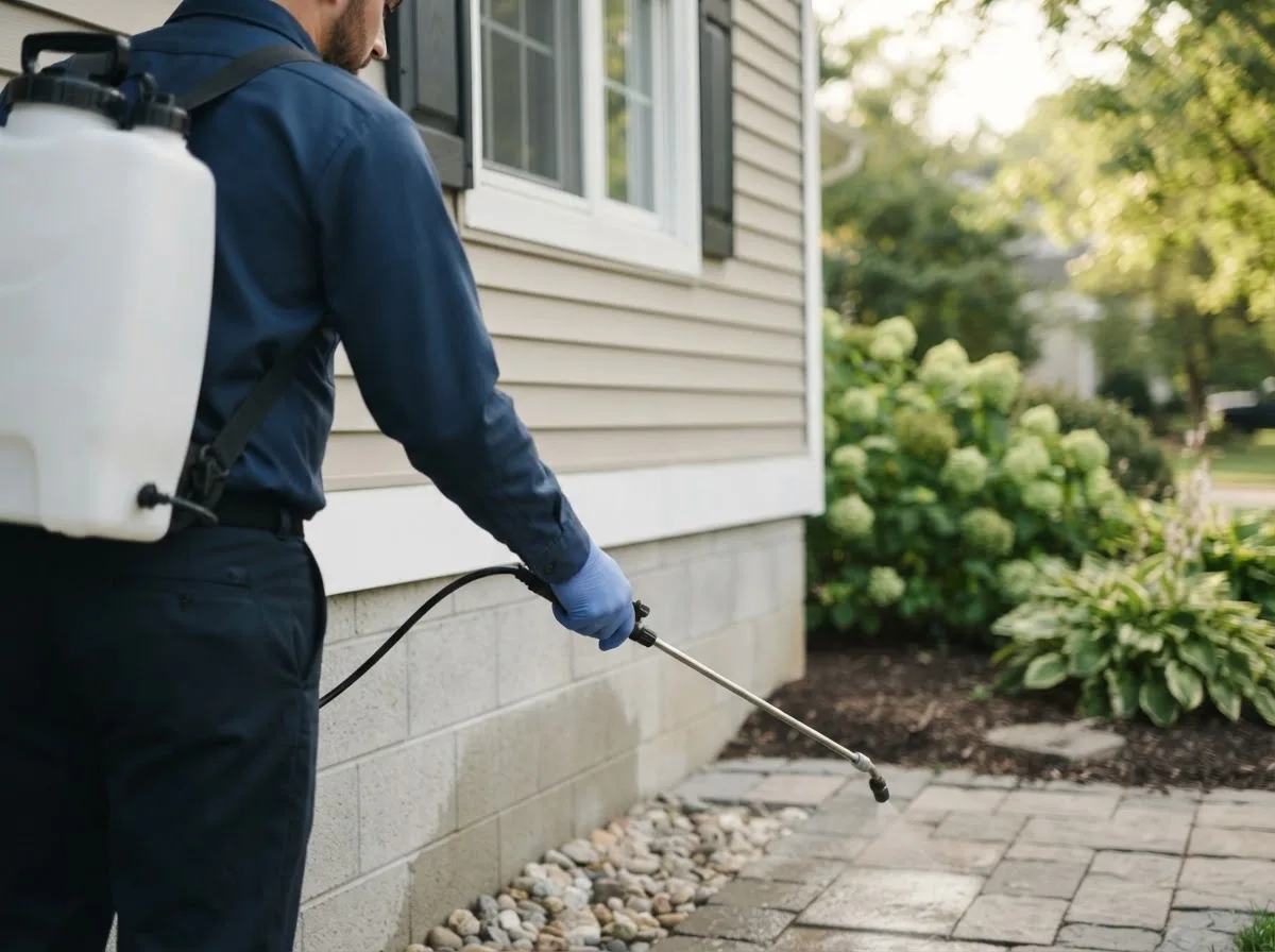 Pest control technician inspecting a home in Addison, NY